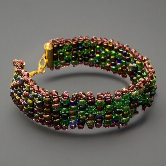 Artist Handmade Seed Bead Bracelet, Multicolor: Blues, Greens, Purples - Picture 3 of 6